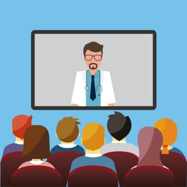 Tıbbi online seminer vektör illüstrasyonu, çizgi film düz küçük doktor insanlar eğitim mesafesi konferansında