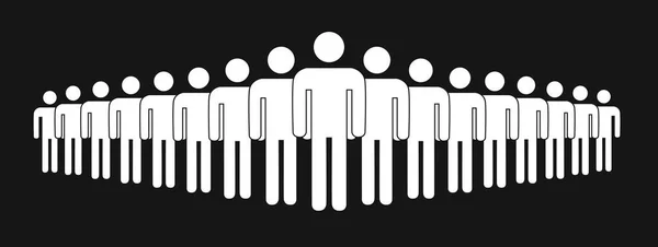 Icono de multitud simple, grupo de personas siluetas de pie en filas aisladas en negro — Vector de stock