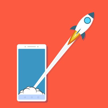Launch app concept on smartphone on red. Stock vector