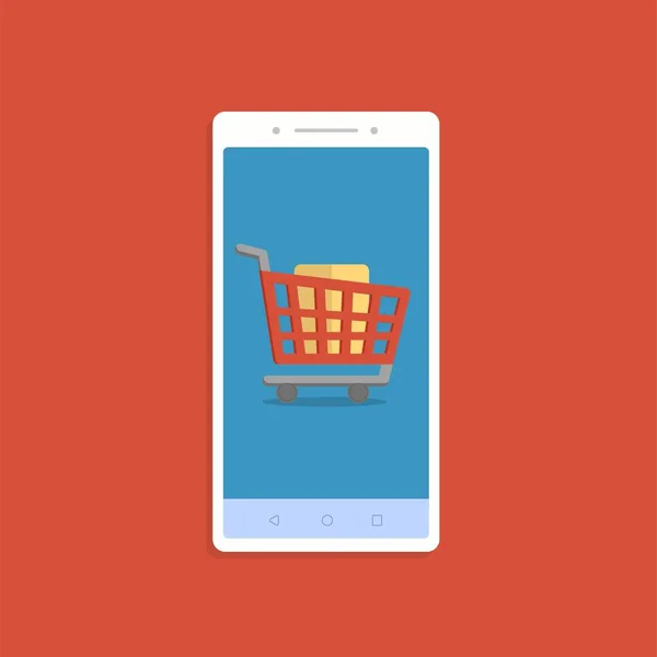 Online-Shopping mit Smartphone und Einkaufswagen. Aktien — Stockvektor