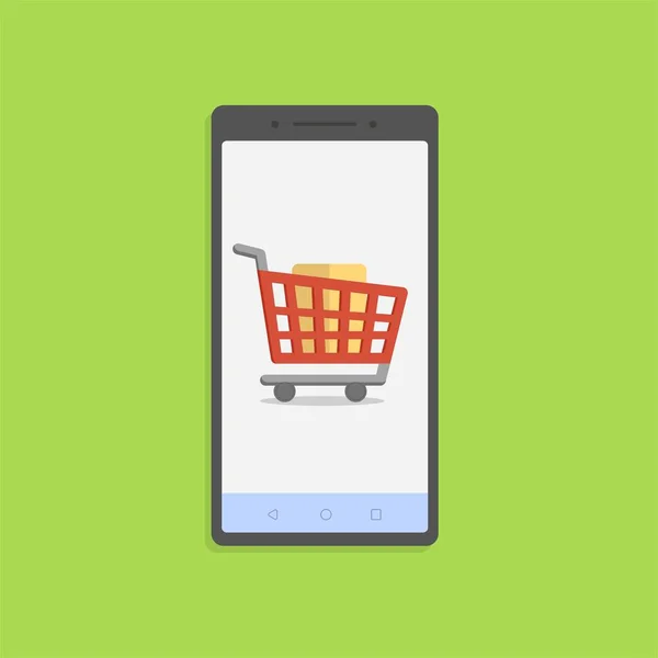 Online-Shopping mit Smartphone und Einkaufswagen. Aktien — Stockvektor