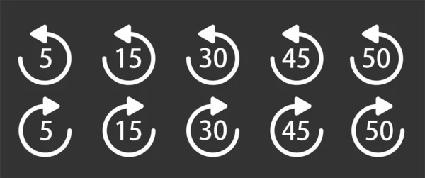 WebHerhaal 5, 15, 30, 45 seconden eenvoudige vectoriconen op zwart. Replay pictogram voor toepassing en web of Media player. — Stockvector