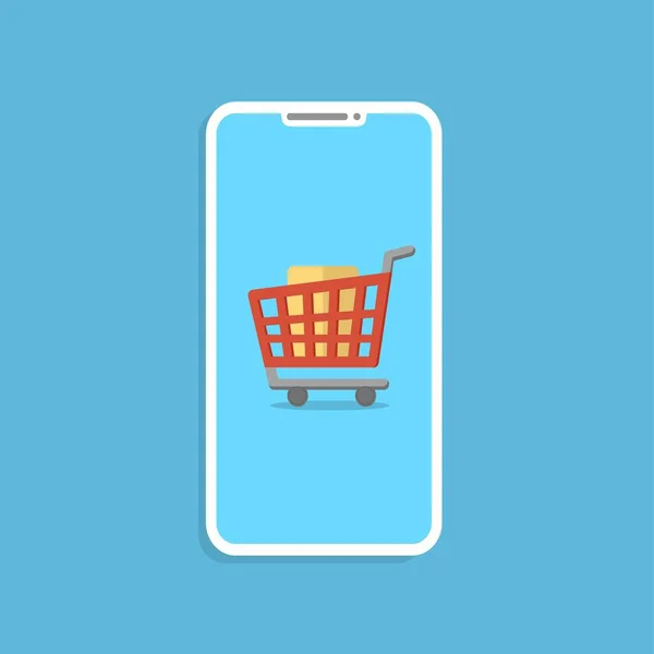 Compras concepto en línea con smartphone y carrito. Existencias — Vector de stock