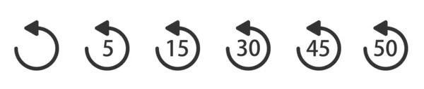 WebRepetir 5, 15, 30, 45 segundos iconos vectoriales simples en blanco. Reproduce iconos. Icono de repetición para aplicación y reproductor web o multimedia. — Archivo Imágenes Vectoriales