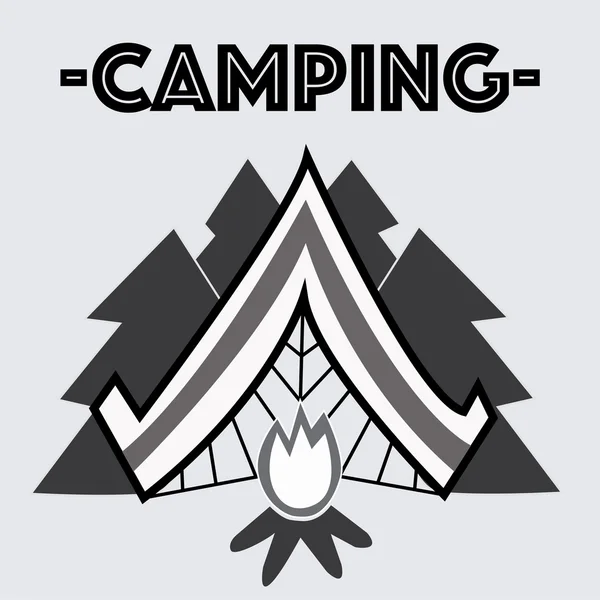 Emblema de camping. Imagen con una tienda y fuego cerca de ella — Vector de stock