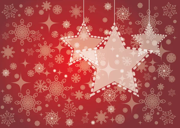 Fondo rojo de la tarjeta de Navidad con estrellas y copos de nieve — Vector de stock