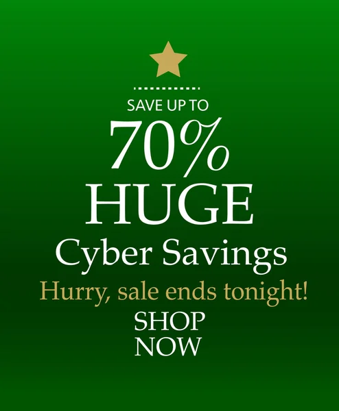 Cyber Monday 70% venta, árbol de Navidad en forma, aislado en verde — Vector de stock