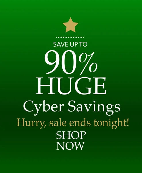 Cyber Monday 90% venta, árbol de Navidad en forma, aislado en verde — Vector de stock