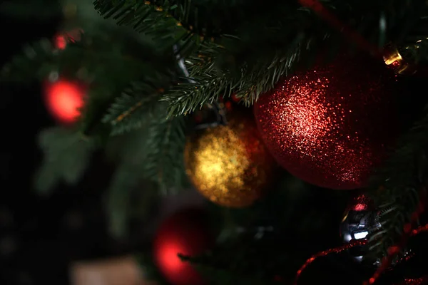Brillante bola roja de Navidad colgando de ramas de pino — Foto de Stock