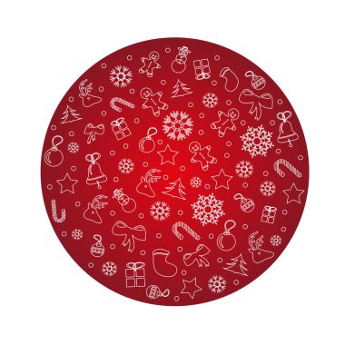 Noel kutlaması illüstrasyonu. Yıldızlardan, kar tanelerinden, oyuncaklardan oluşan kırmızı daire.