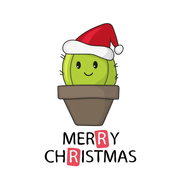 Cactus grasso carino e divertente indossare Babbo Natale cappello e sorridente - vettore — Vettoriale Stock