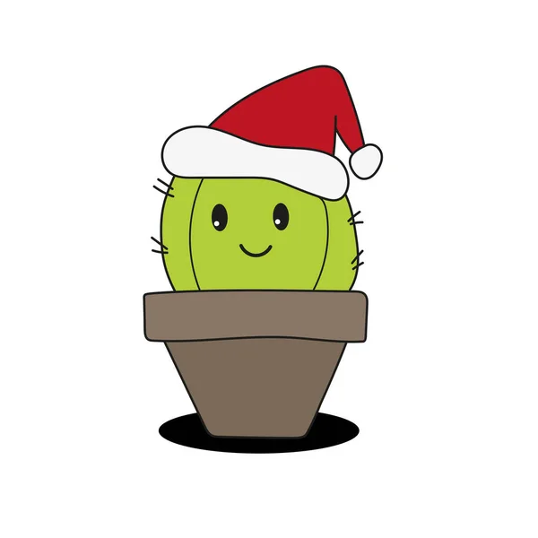 Cactus grasso carino e divertente indossare Babbo Natale cappello e sorridente - vettore — Vettoriale Stock