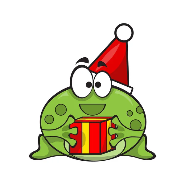 Carino e divertente rana indossa cappello di Babbo Natale con regalo per Natale — Vettoriale Stock