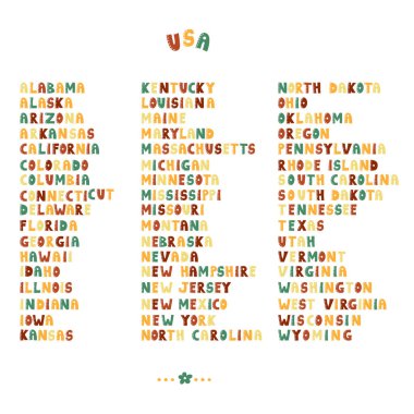 ABD Koleksiyonu. Tüm Eyalet İsimleri. Antika renkler. Komik renkli yazı tipi