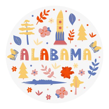 Amerikan koleksiyonu. Alabama temasının vektör çizimi. Durum Sembolleri