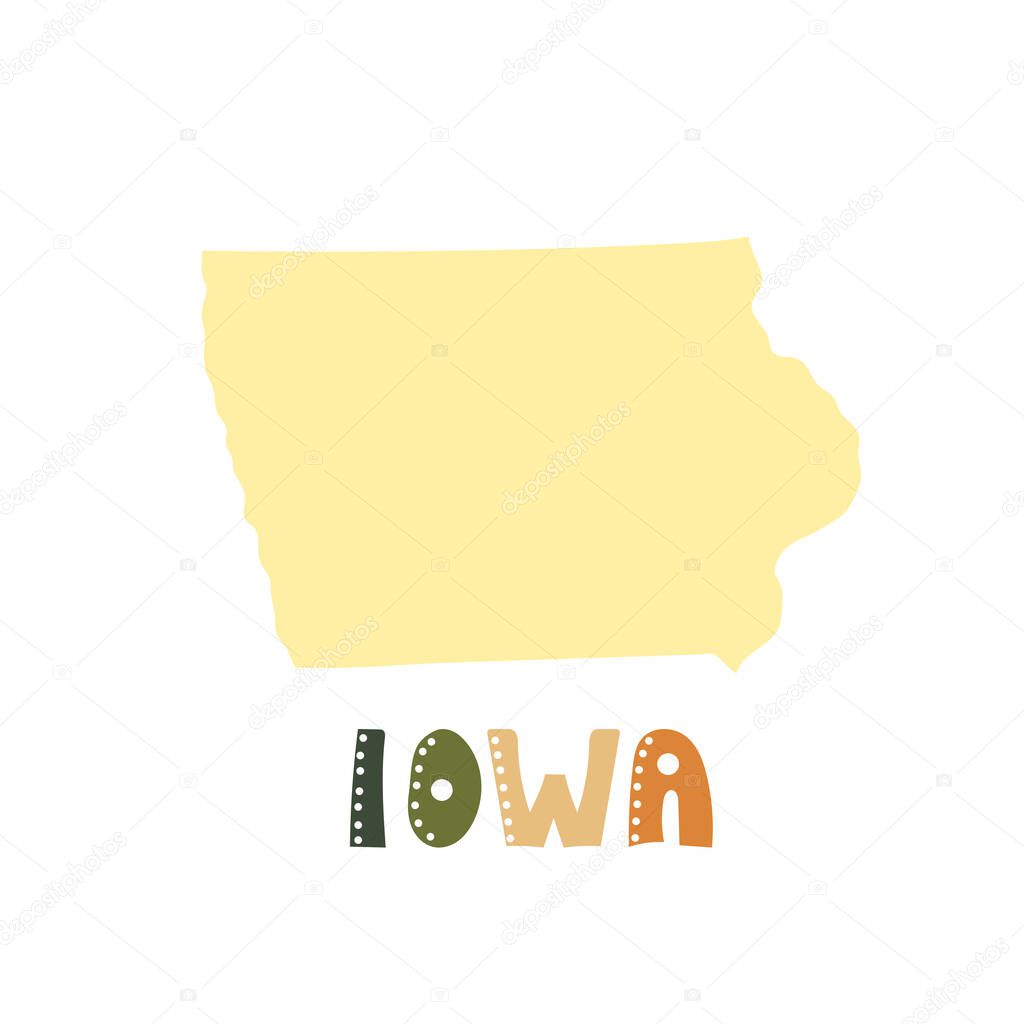 USA collection. Map of Iowa. Doodling style lettering