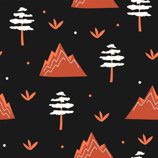El patrón sin costuras de las montañas, los árboles - anaranjado sobre el fondo negro. Vector — Vector de stock