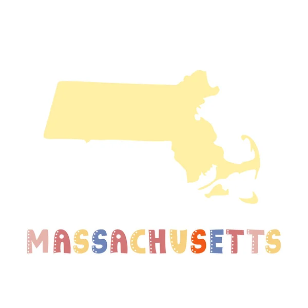 Amerikai gyűjtemény. Massachusetts térképe. Doodling stílus felirat — Stock Vector