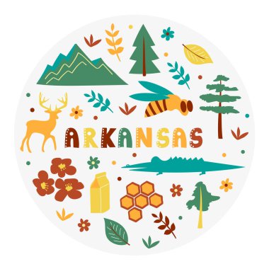 Amerikan koleksiyonu. Arkansas temasının vektör illüstrasyonu. Durum Sembolleri