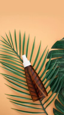 Arka planda tropikal yapraklı güneş kremi şişesi. Kopyalama alanı olan üst görünüm