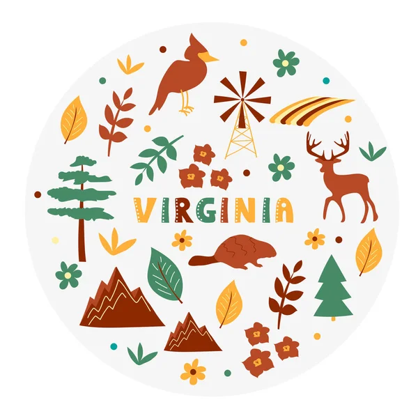 USA collection. Vector illustration of Virginia theme. State Symbols — Stock Vector