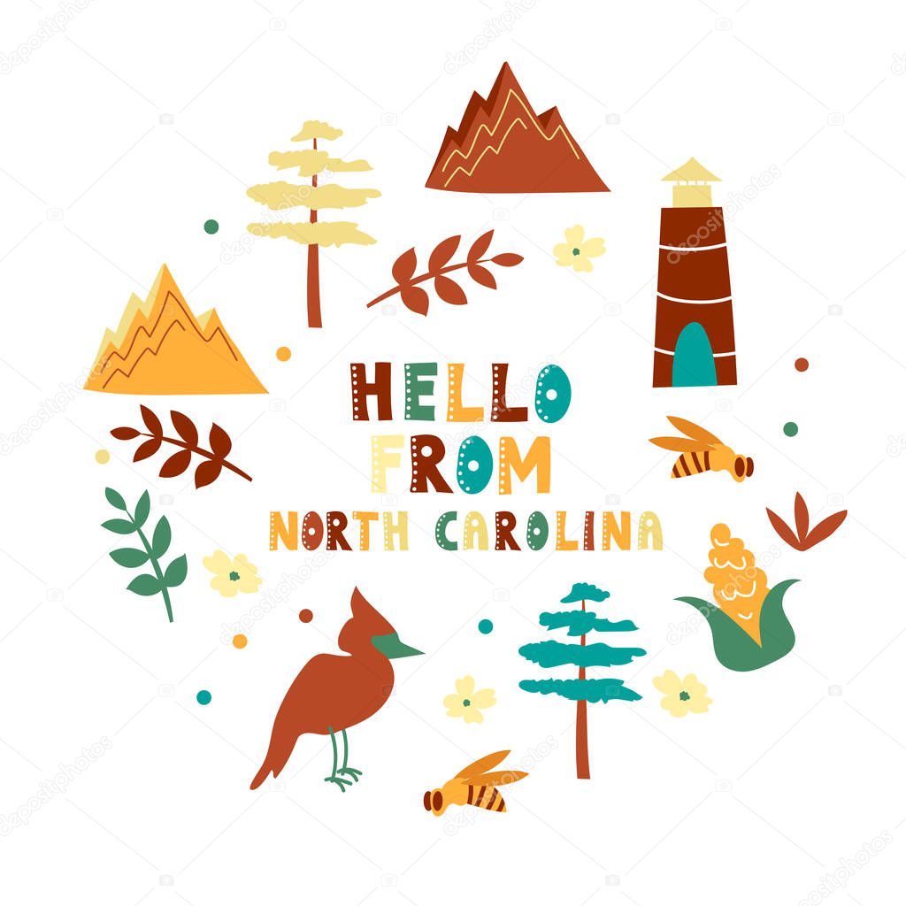 USA collection. Hello from North Carolina theme. State Symbols round shape card