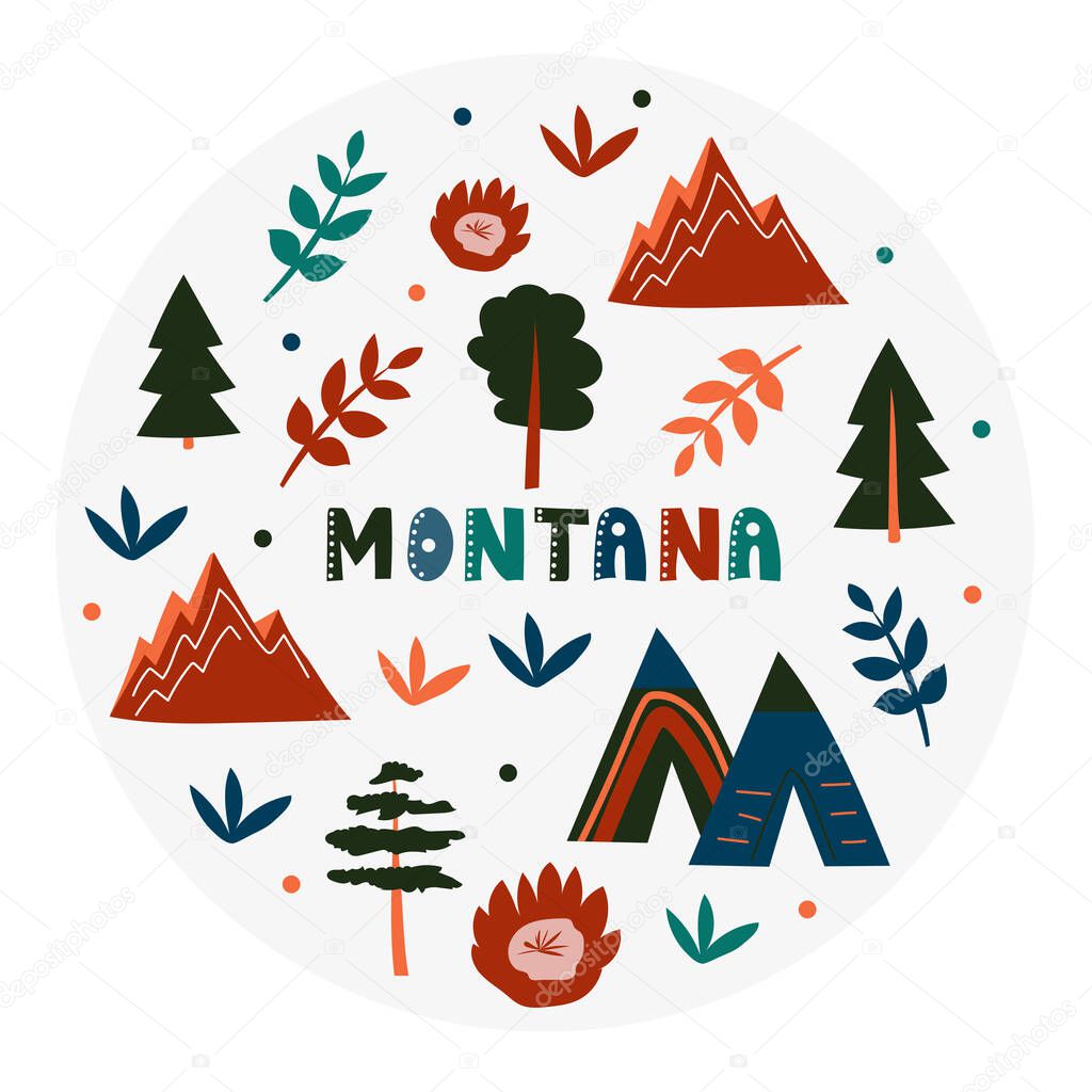 USA collection. Vector illustration of Montana. State Symbols - round shape