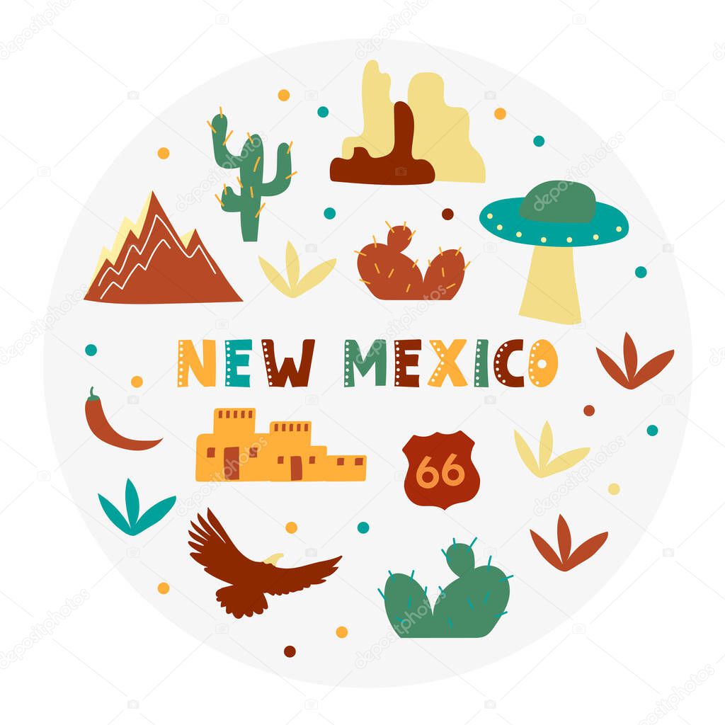 USA collection. Vector illustration of New Mexico theme. State Symbols