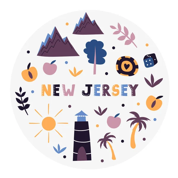 Collezione USA. Illustrazione vettoriale del tema New Jersey. Simboli di Stato — Vettoriale Stock