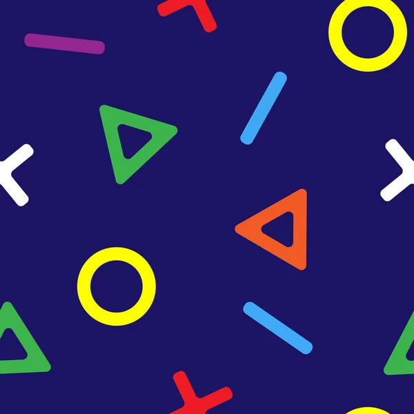 Ícones de controle Gamer padrão sem costura. Ícones multicoloridos no fundo azul — Vetor de Stock