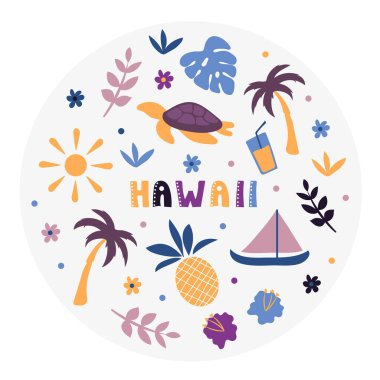 Amerikan koleksiyonu. Hawaii temasının vektör illüstrasyonu. Durum Sembolleri