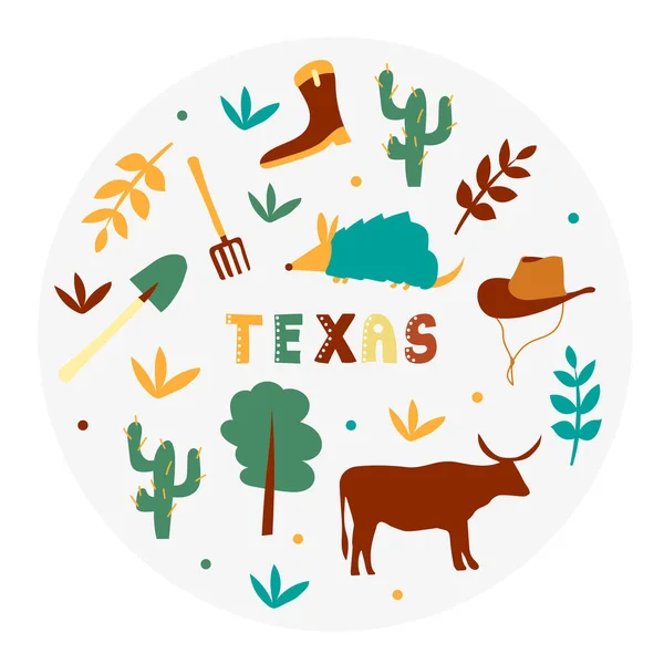 Coleção EUA. Ilustração vetorial do tema Texas. Símbolos do Estado —  Vetores de Stock