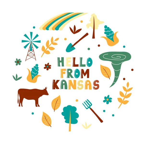 USA collectie. Hallo uit Kansas thema. Staatssymbolen — Stockvector