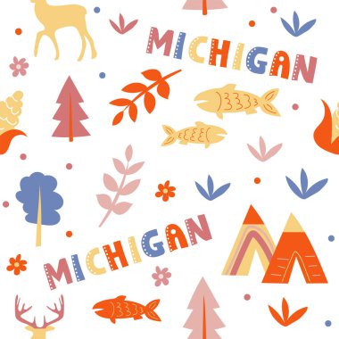 Amerikan koleksiyonu. Michigan temasının vektör illüstrasyonu. Durum Sembolleri