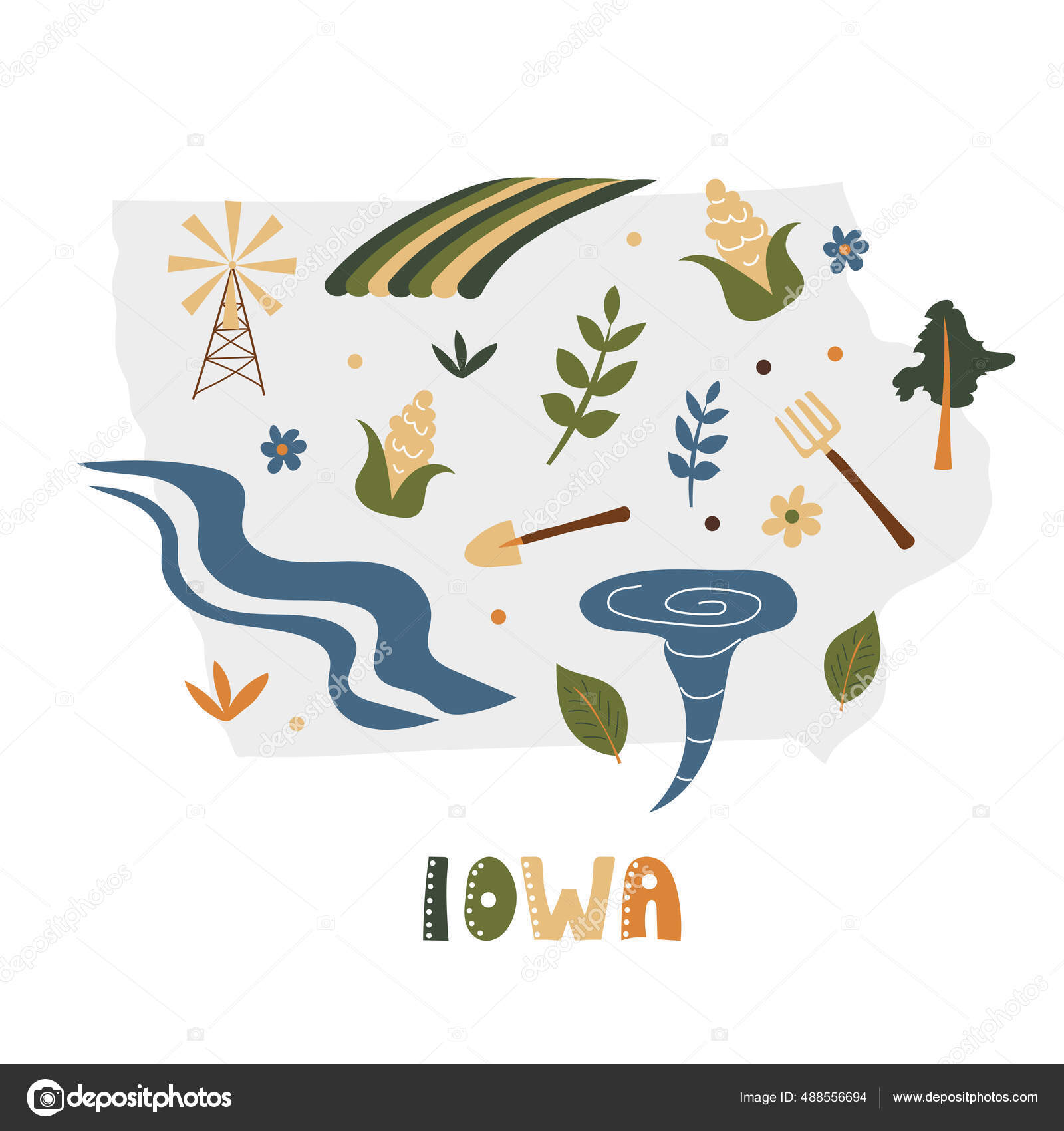 USA map collection. State symbols on gray state silhouette - Iowa Stock ...