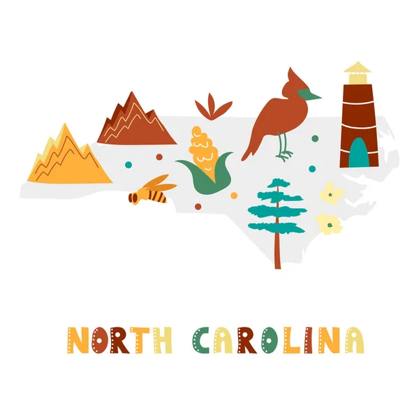 USA Kartensammlung. Staatssymbole auf grauer Staatssilhouette - North Carolina — Stockvektor