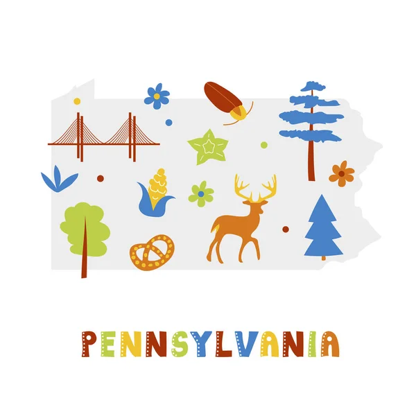 Collezione di mappe USA. Simboli di stato sulla silhouette dello stato grigio - Pennsylvania — Vettoriale Stock