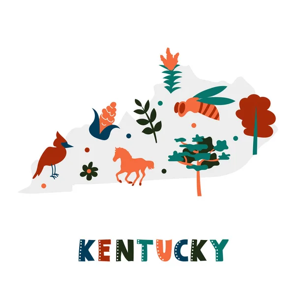 Verenigde Staten kaart collectie. Staat symbolen op grijze staat silhouet - Kentucky — Stockvector