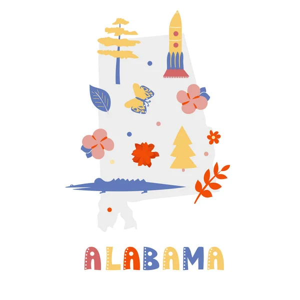 Συλλογή χαρτών ΗΠΑ. Σύμβολα της πολιτείας σε γκρι σιλουέτα - Alabama — Διανυσματικό Αρχείο