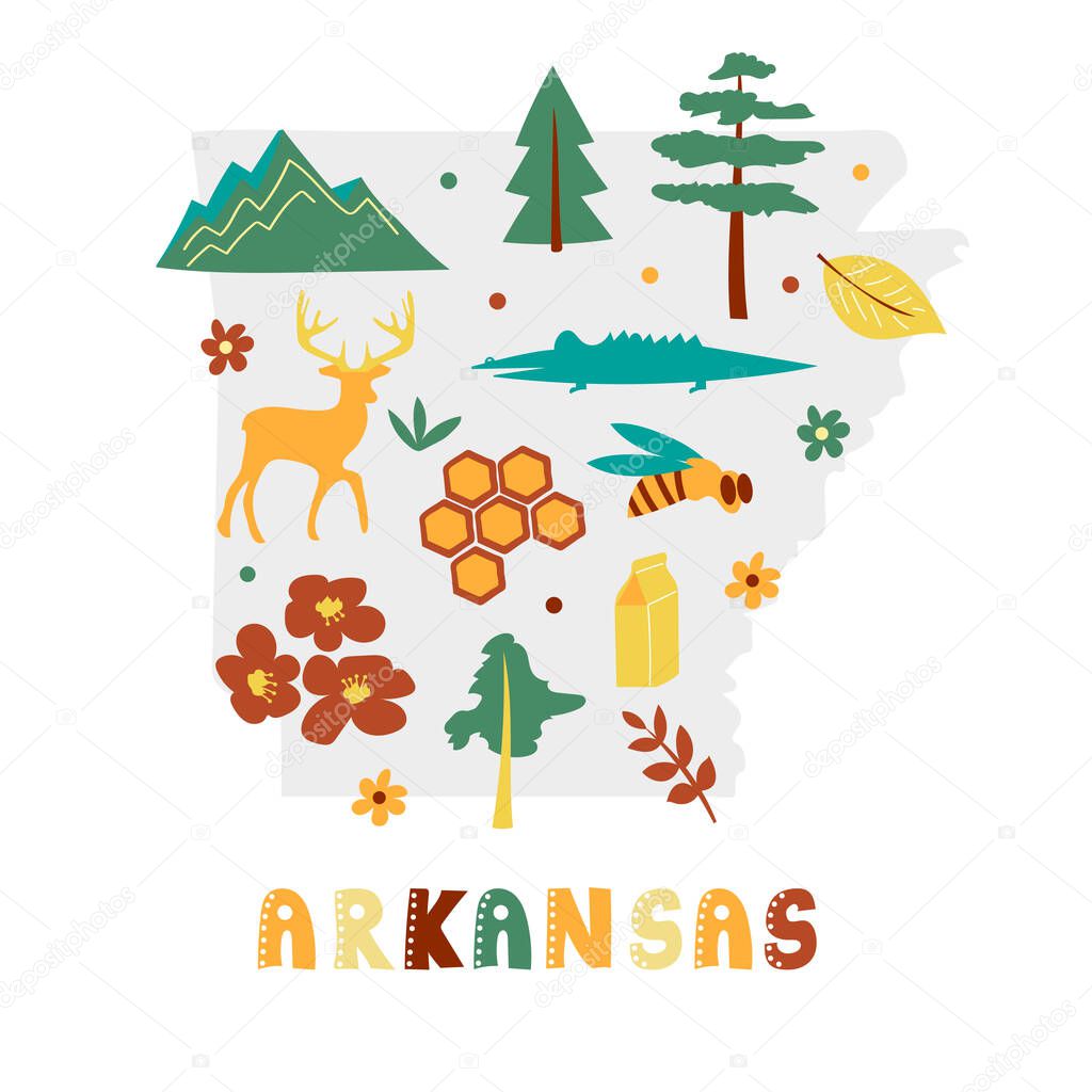USA map collection. State symbols on gray state silhouette - Arkansas