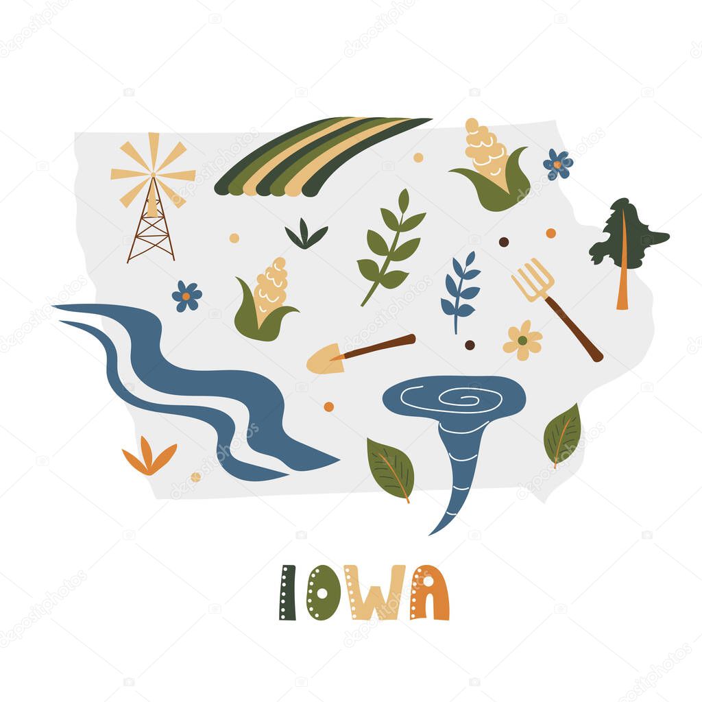 USA map collection. State symbols on gray state silhouette - Iowa