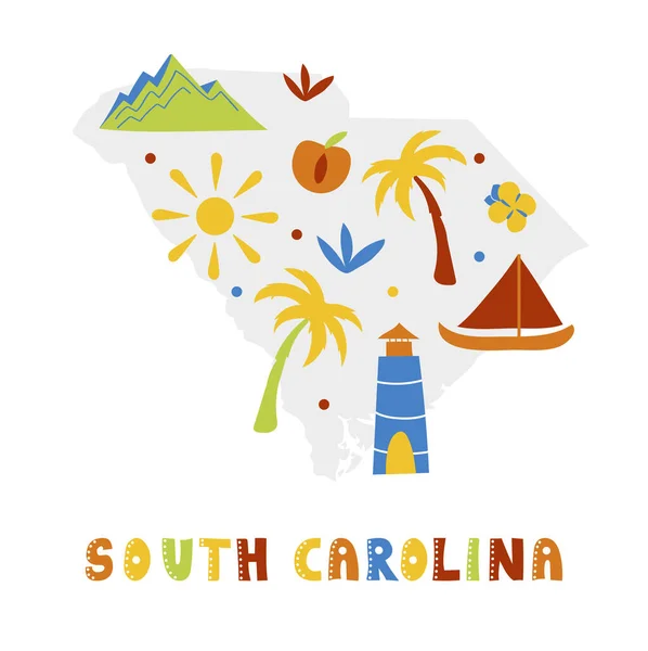 USA map collection. State symbols on gray state silhouette - South Carolina — стоковий вектор