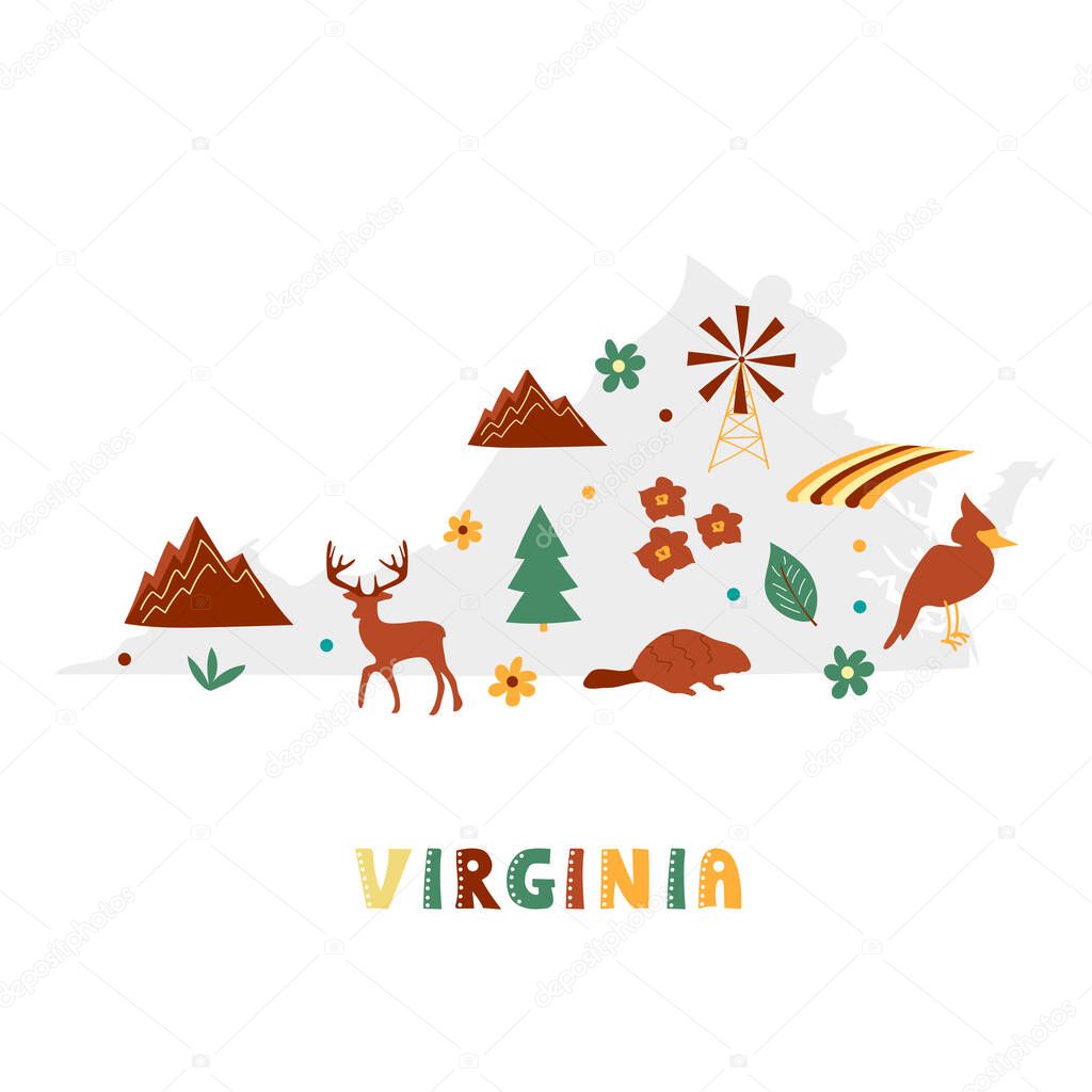 USA map collection. State symbols on gray state silhouette - Virginia