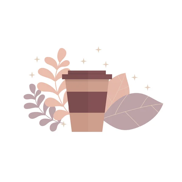 Xícara de café marrom com folhas, decoração bege, design plano — Vetor de Stock