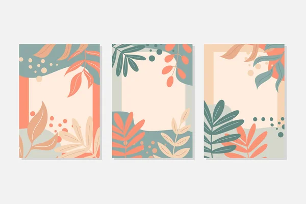 Un conjunto de postales en colores pastel. Hojas de otoño y elementos decorativos — Vector de stock