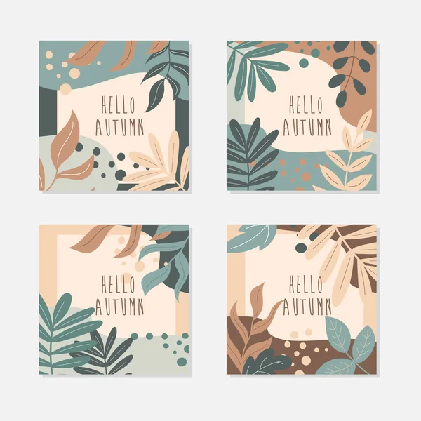 Un conjunto de postales cuadradas en colores pastel. Hojas de otoño y elementos decorativos — Vector de stock