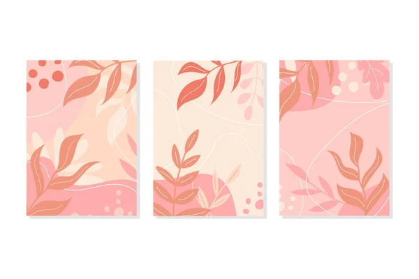 Een set ansichtkaarten in roze pastelkleuren. Herfst of lente bladeren en decor — Stockvector