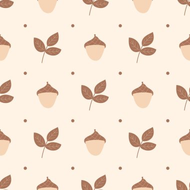 Bej renkli minimalist bir desen, meşe palamudu ve yapraklar. Kusursuz desen