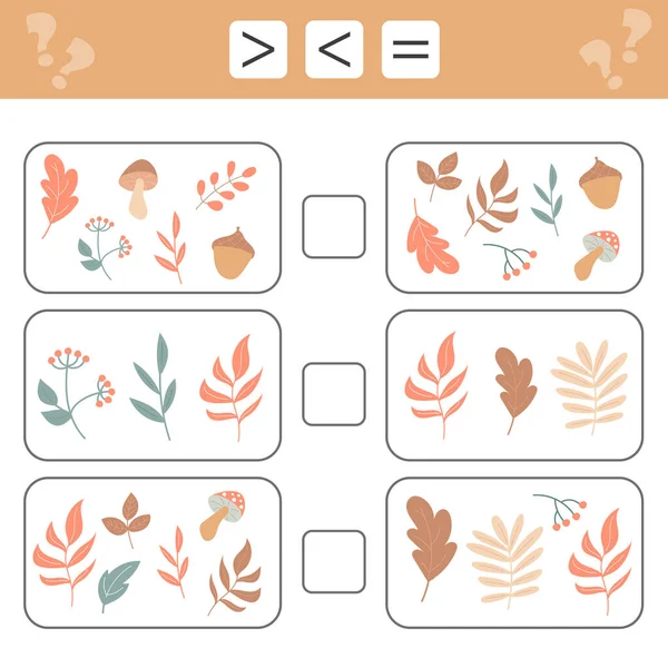 Comparando números. Menos que, maior que, igual. Floresta Folhas de outono — Vetor de Stock