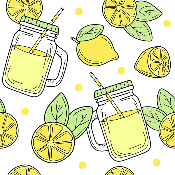 Naadloos patroon met cartoon citroenen en een glazen pot met limonade — Stockvector